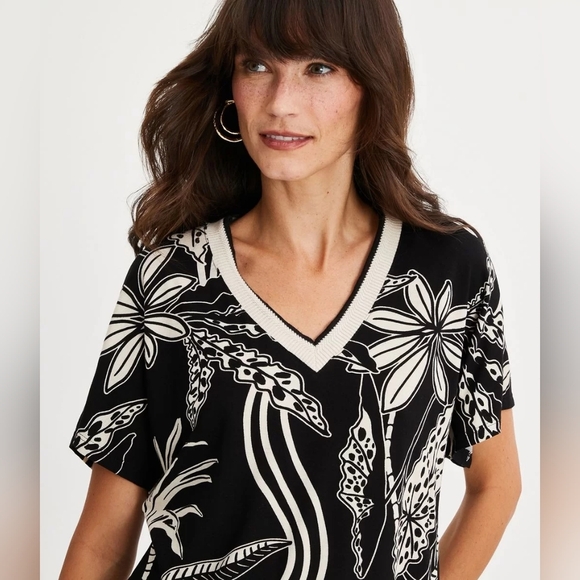 Marfinno Black Floral Leaf Print Knit Top Quiet Luxury Tropical Capsule Office - Picture 9 of 9